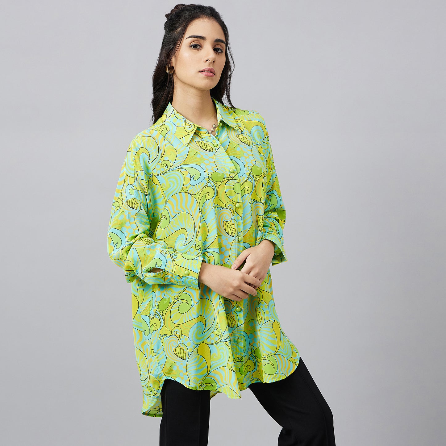 Neon Green and Yellow Playful Print Boyfriend Shirt