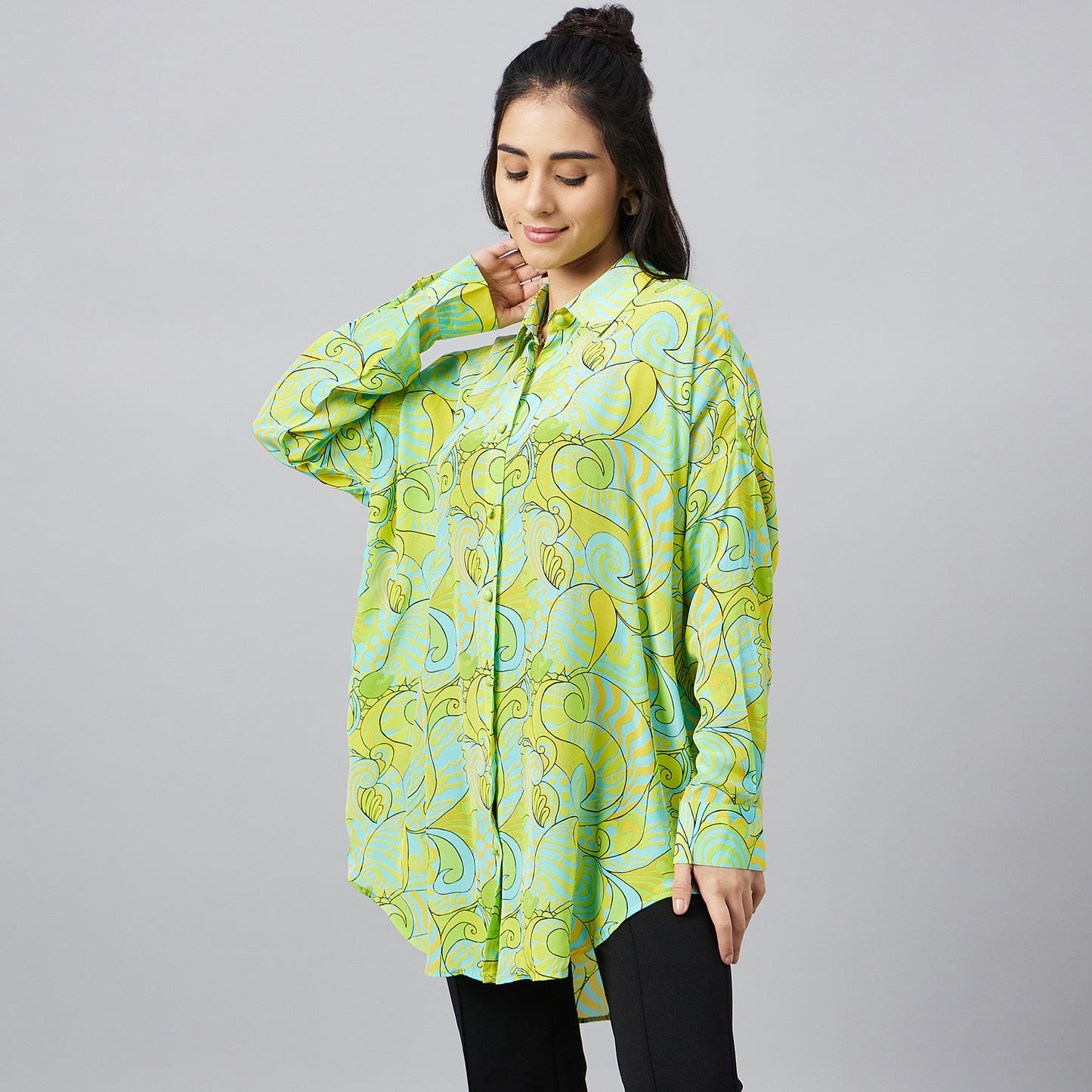 Neon Green and Yellow Playful Print Boyfriend Shirt