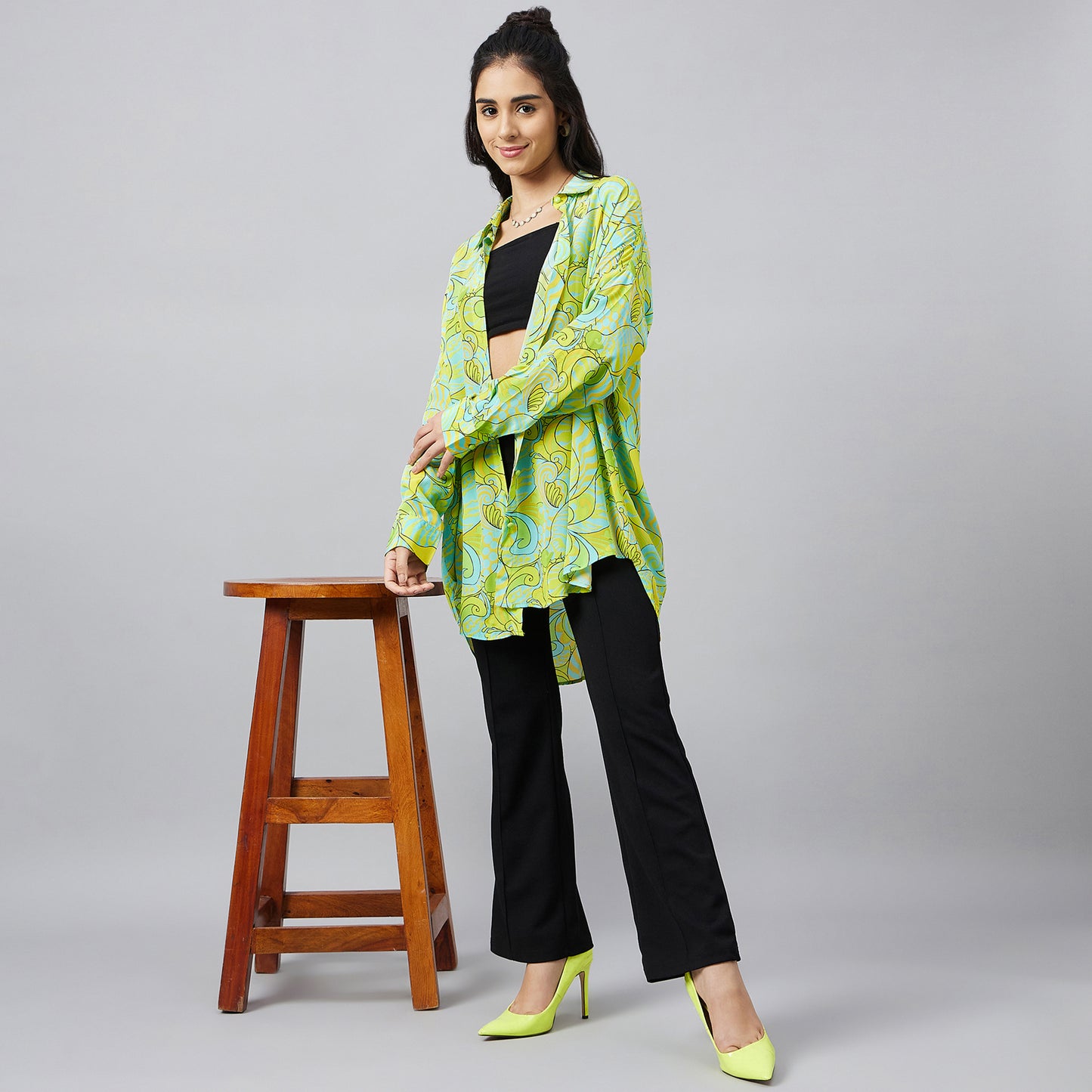 Neon Green and Yellow Playful Print Boyfriend Shirt