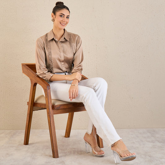 Hazel Brown Pintucked Satin Shirt