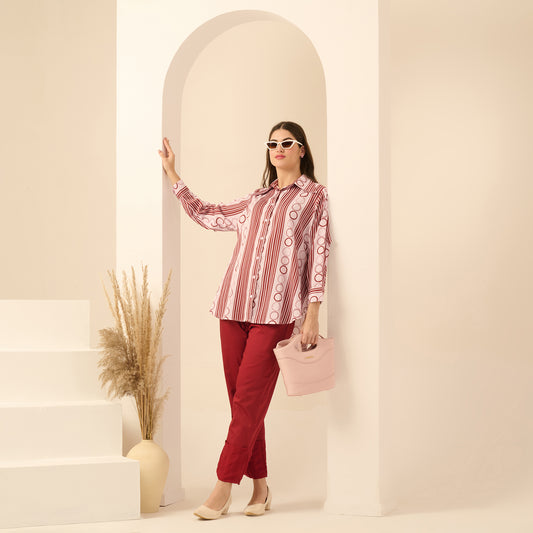 Pink and Red Powerful Stripe Print Shirt with Cutout Sleeves