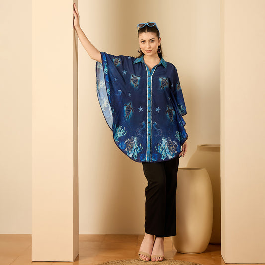 Navy Blue Under Water Apple-Cut Kaftan Shirt