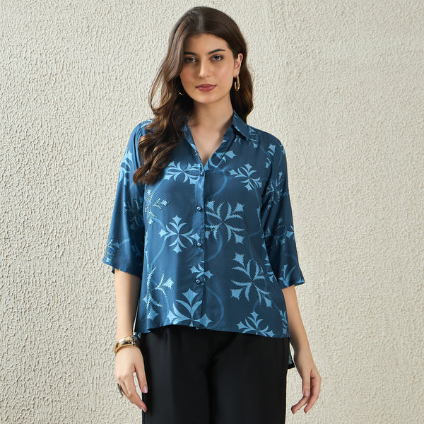 Blue Geometric Print Shirt for Women – Embellished | First Resort by Ramola Bachchan