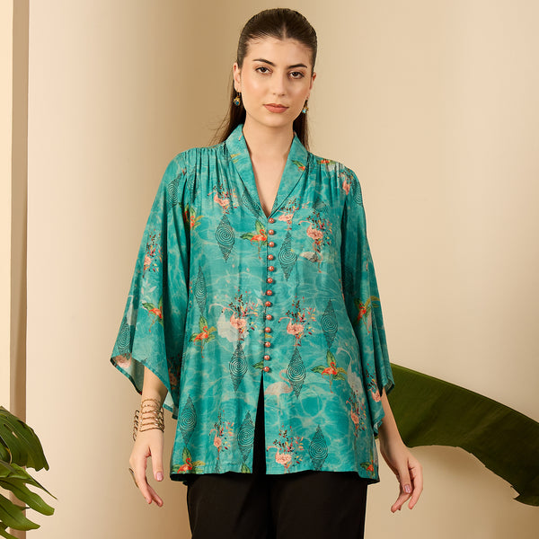 Teal Animal Print Shirt for Women – Viscose Crepe | First Resort by Ramola Bachchan