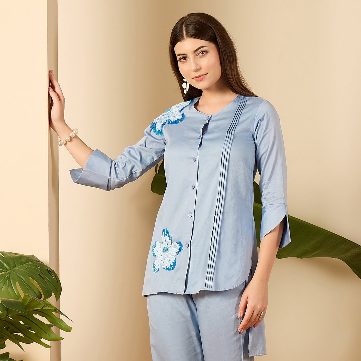 Blue Floral Sequined Embroidered Shirt