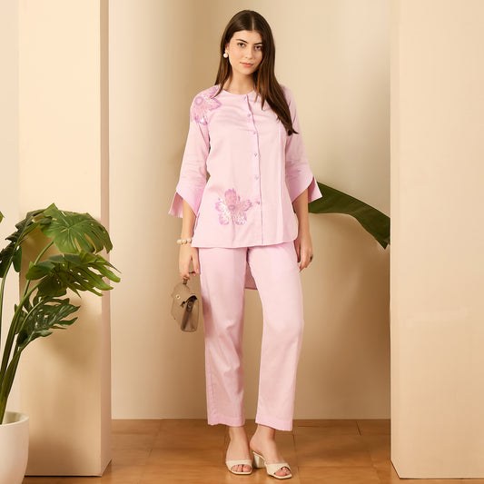 Lilac Floral Sequined Embroidered Shirt