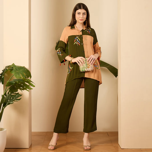 Green and Beige Patched Hand Embroidered Shirt