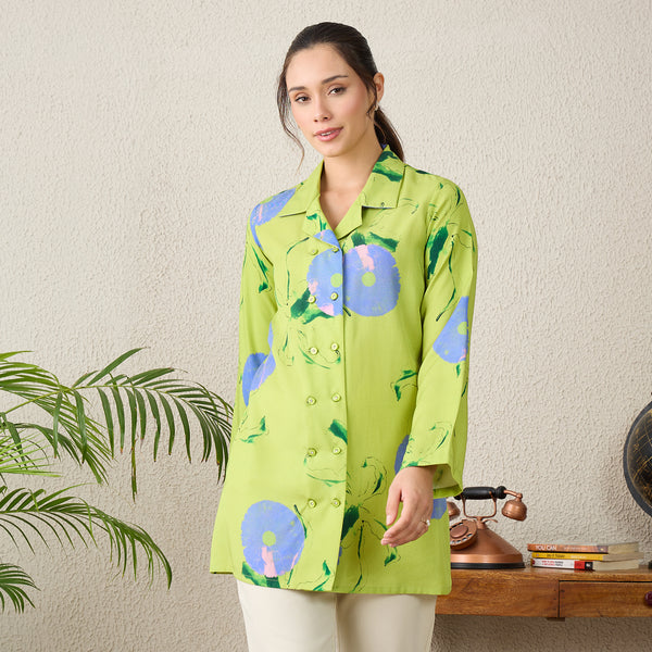 Lime Green Abstract Print Shirt for Women – Tencel Twill | First Resort by Ramola Bachchan