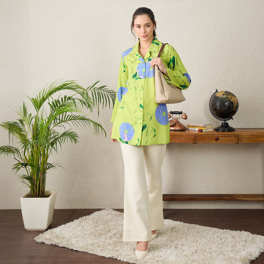Lime Green Abstract Printed Jacket Shirt