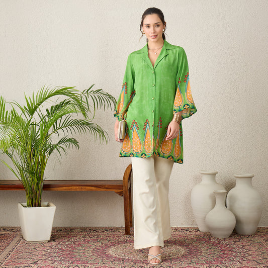 Green Paisley Printed Crystal Embellished Shirt