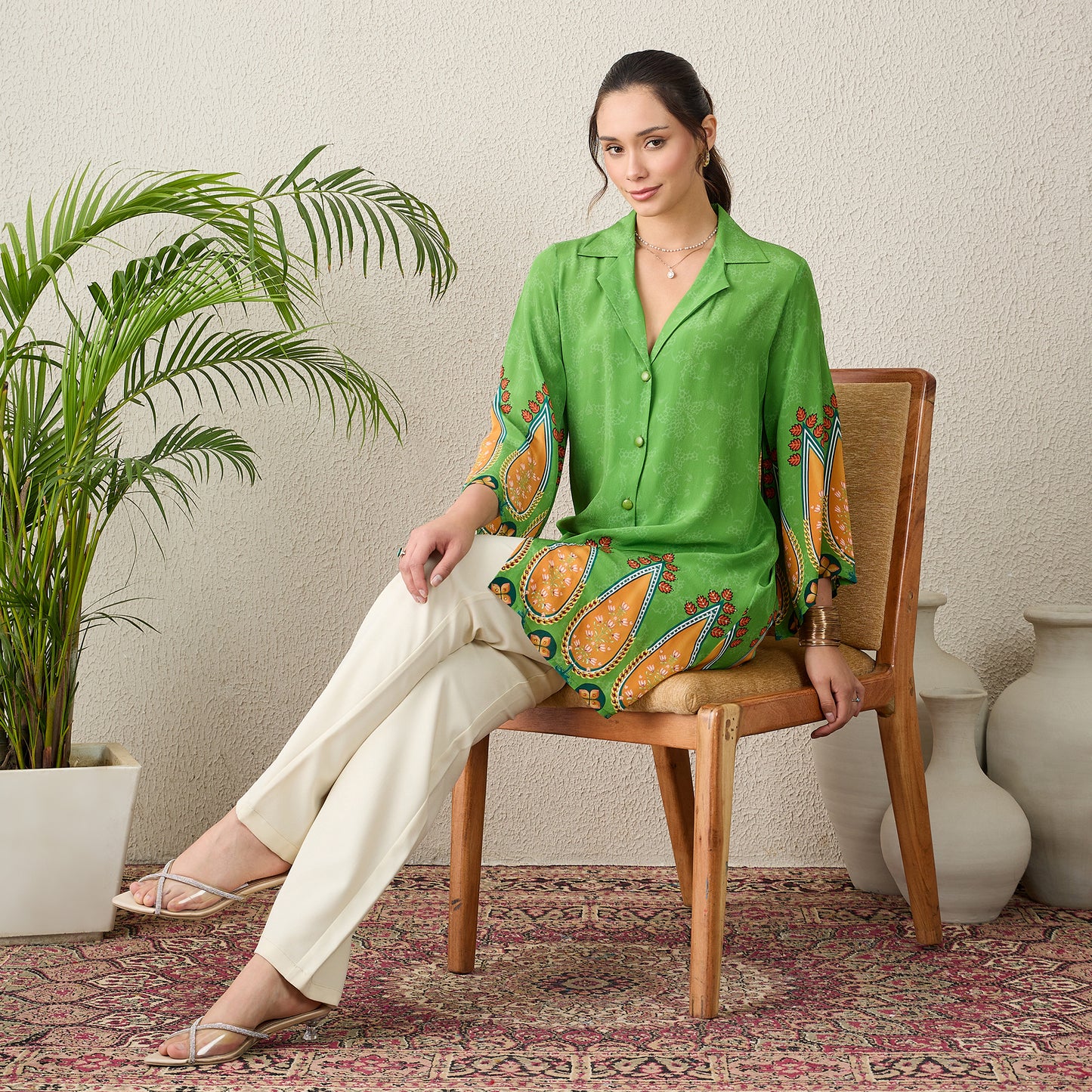 Green Paisley Printed Crystal Embellished Shirt