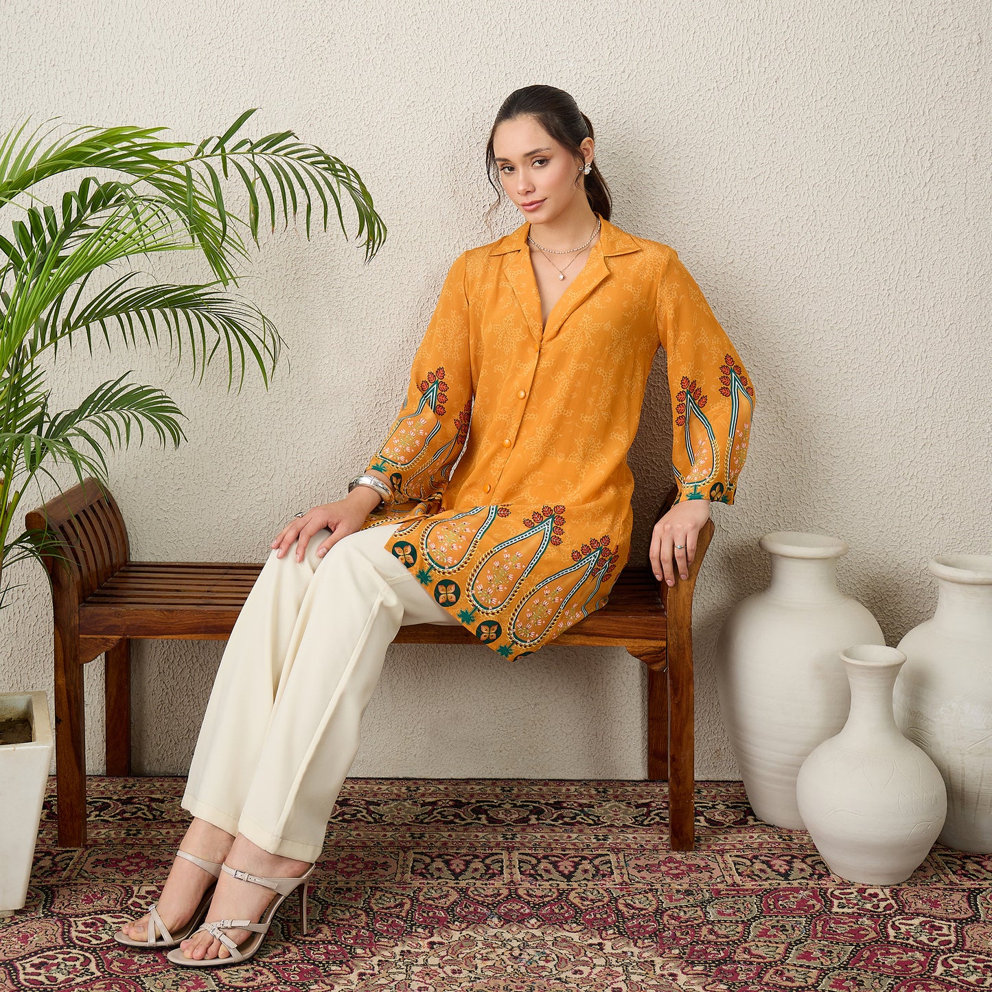 Orange Paisley Printed Crystal Embellished Shirt