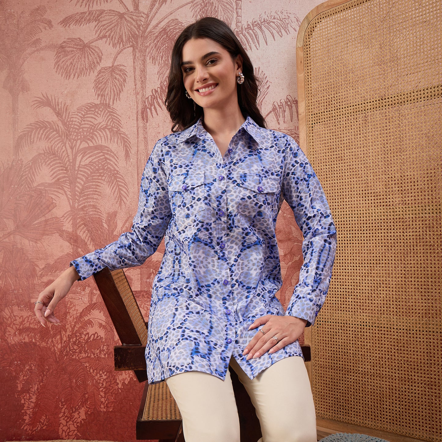 Blue Animal Printed Structured Shirt