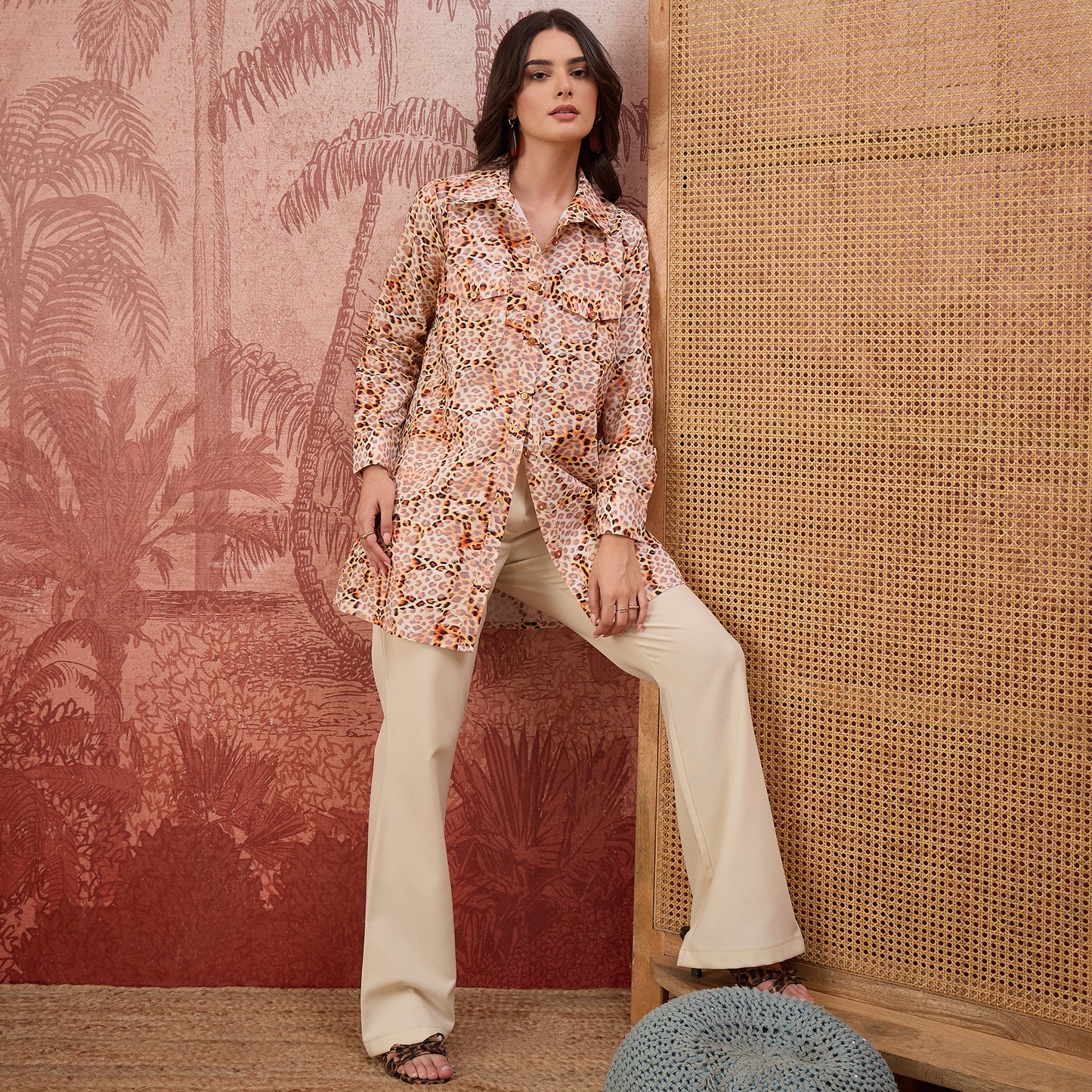 Orange Animal Printed Structured Shirt
