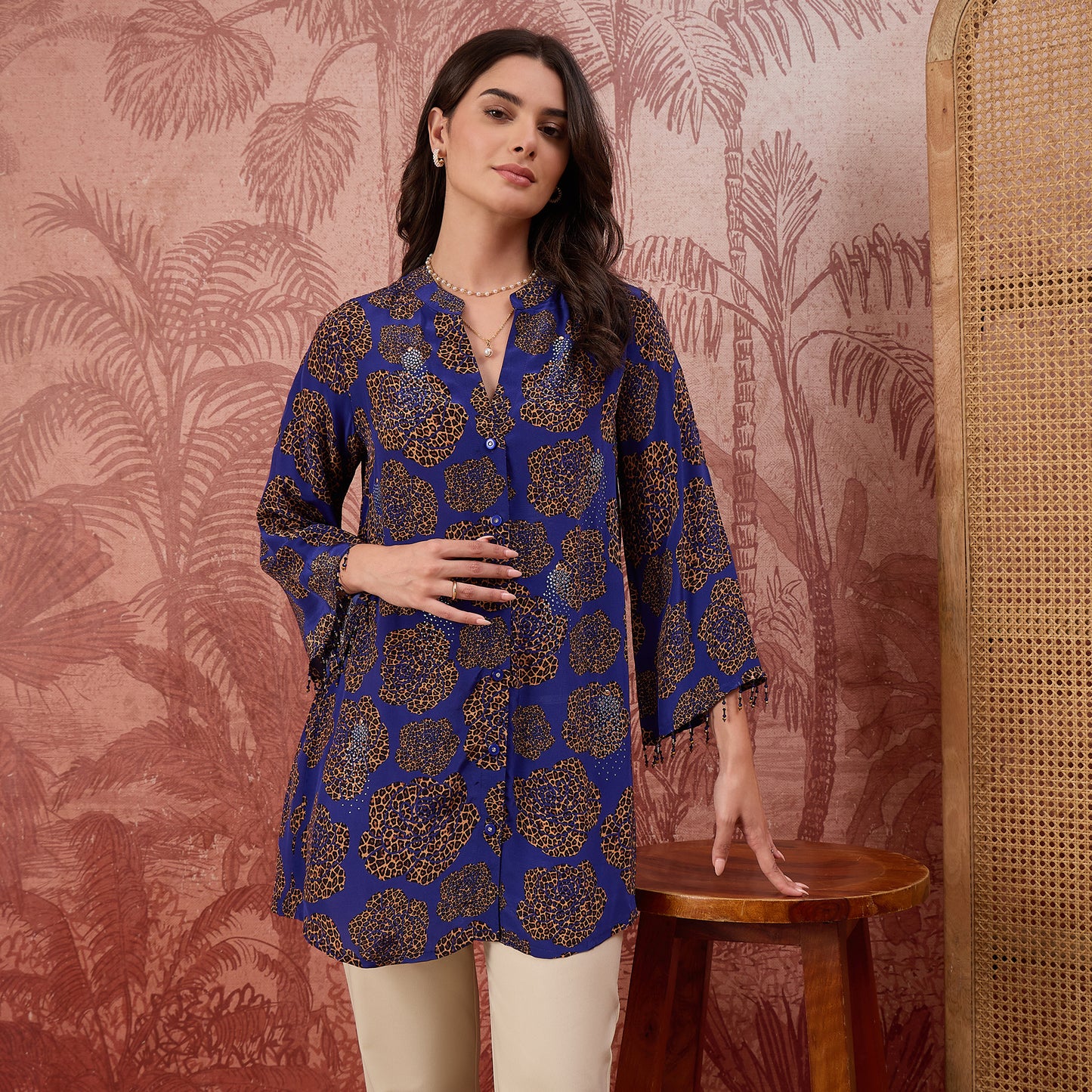 Blue Leopard Patch Printed Embellished Shirt