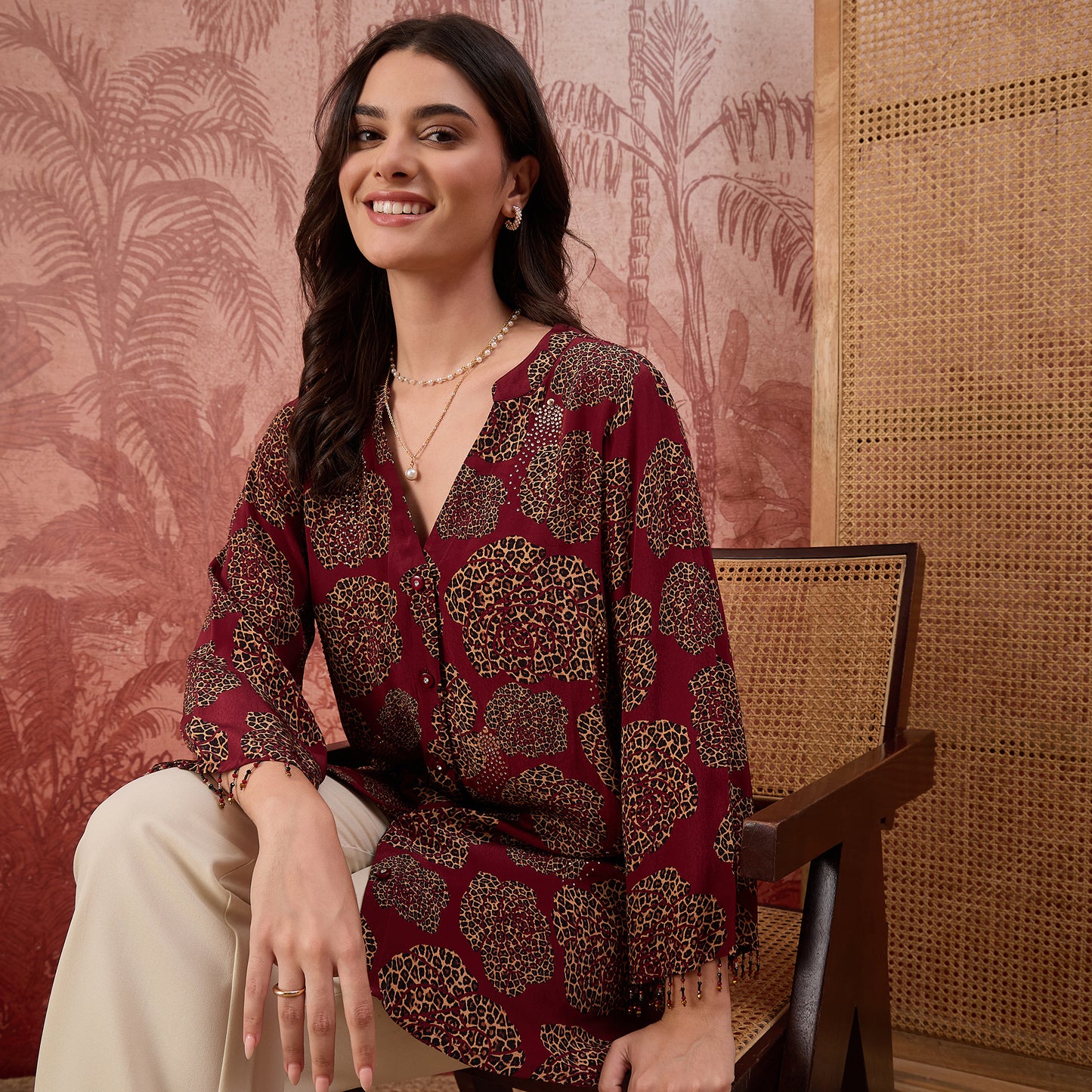 Red Leopard Patch Printed Embellished Shirt
