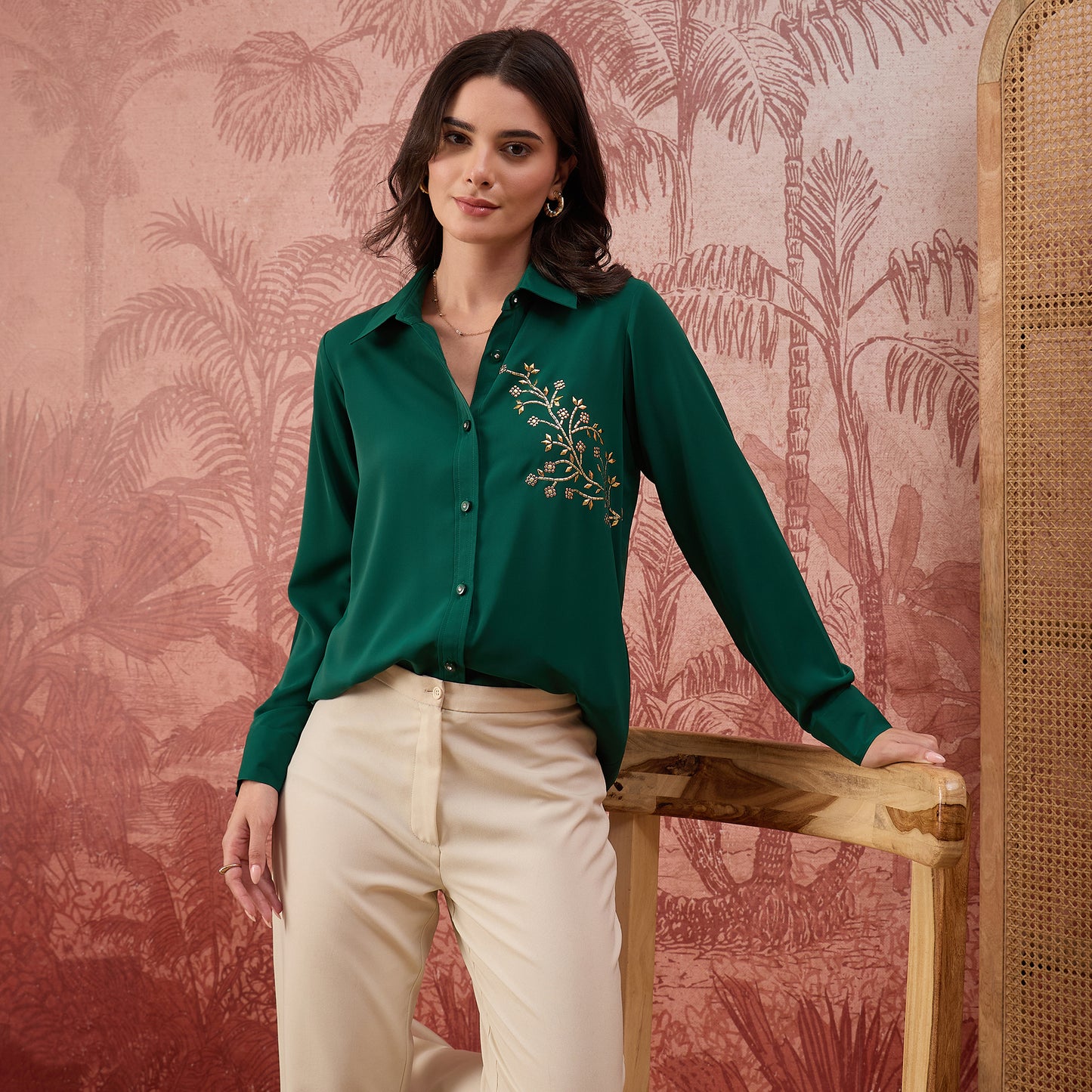 Green Embellished Casual Shirt