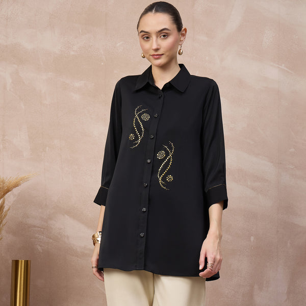 Black Shirt for Women – Polyester Crepe | First Resort by Ramola Bachchan