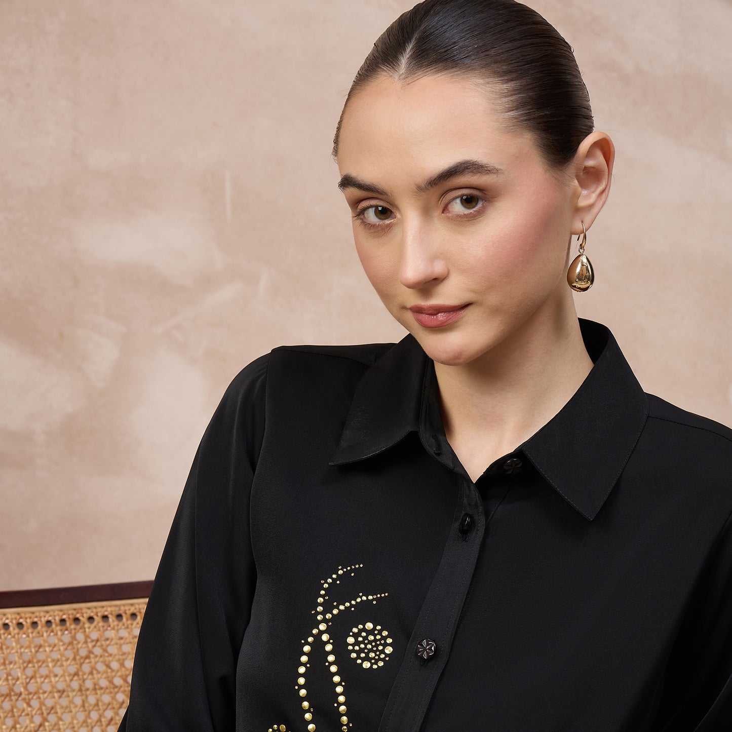 Black Shirt for Women – Polyester Crepe – Close Up | First Resort by Ramola Bachchan