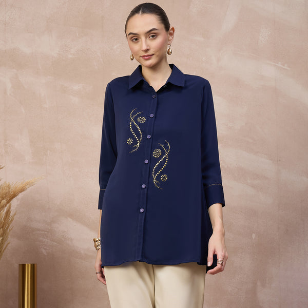 Navy Blue Shirt for Women – Polyester Crepe | First Resort by Ramola Bachchan