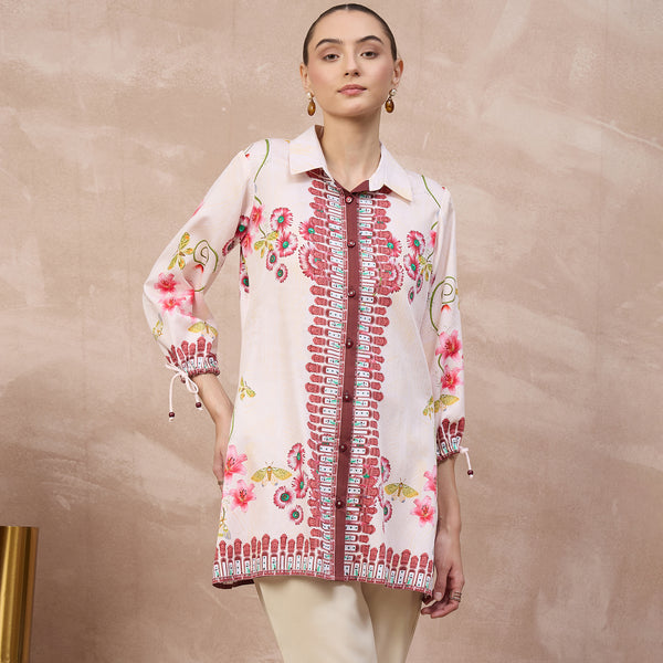 Beige and Red Floral Print Shirt for Women – Cotton Satin | First Resort by Ramola Bachchan
