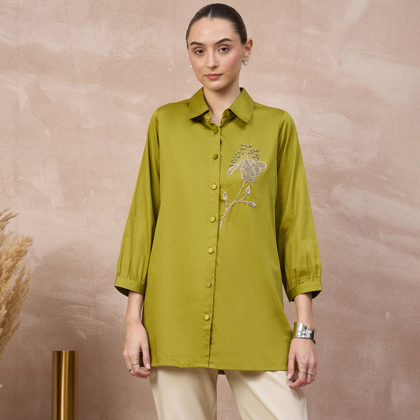 Olive Shirt for Women – Cotton Satin | First Resort by Ramola Bachchan