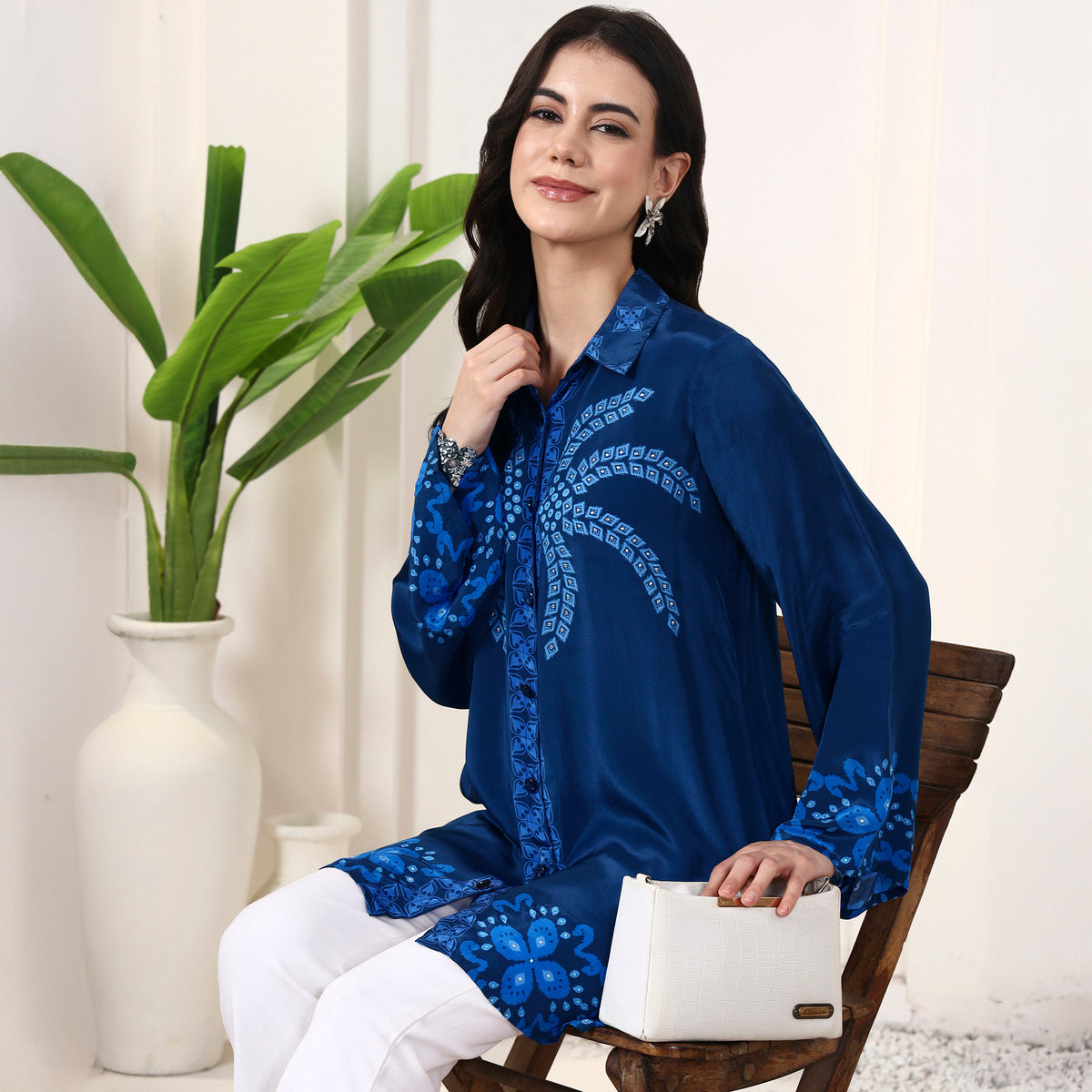 Blue Floral Print Shirt for Women – Viscose Crepe | First Resort by Ramola Bachchan