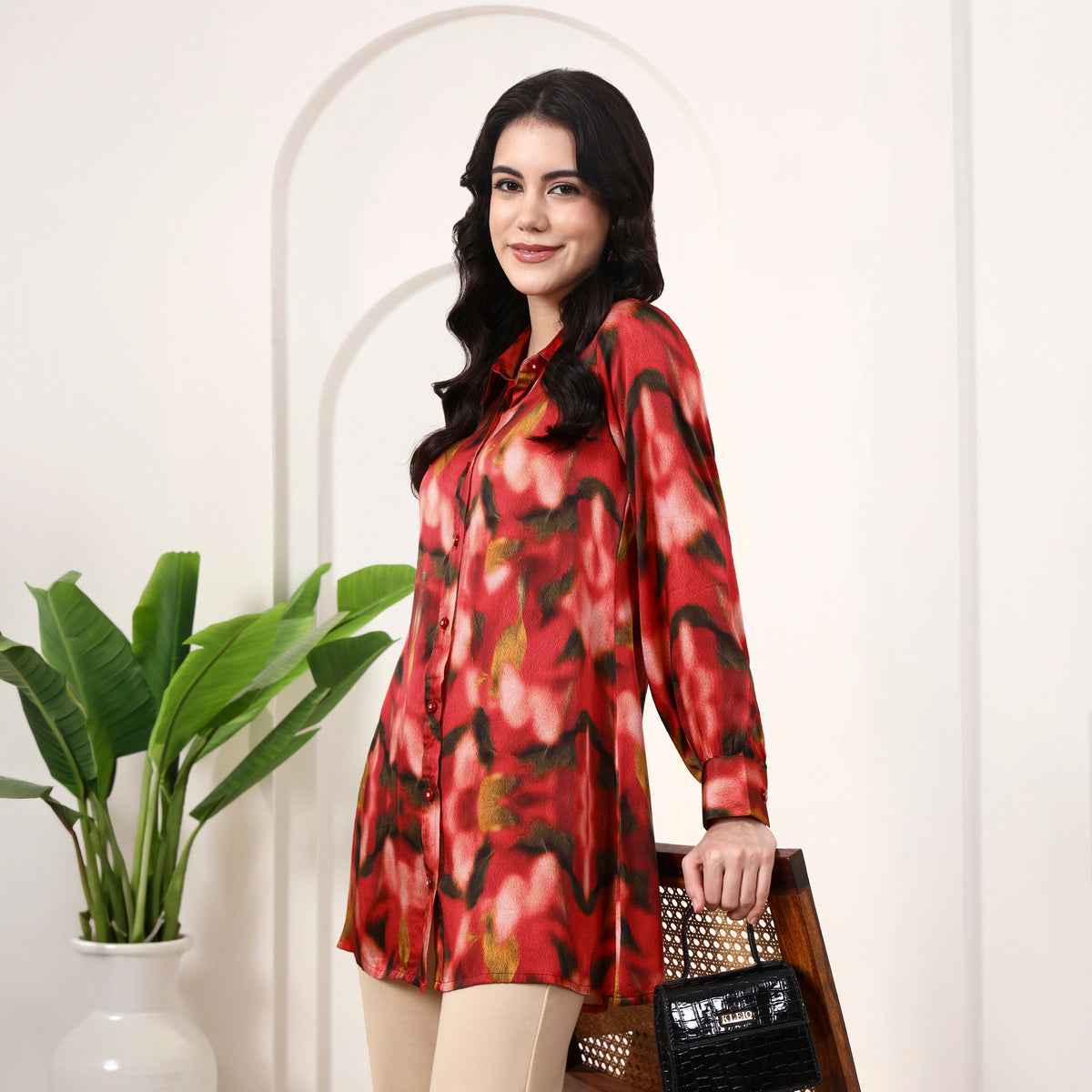 Red Abstract Print Shirt for Women – Bamberg Modal Satin | First Resort by Ramola Bachchan