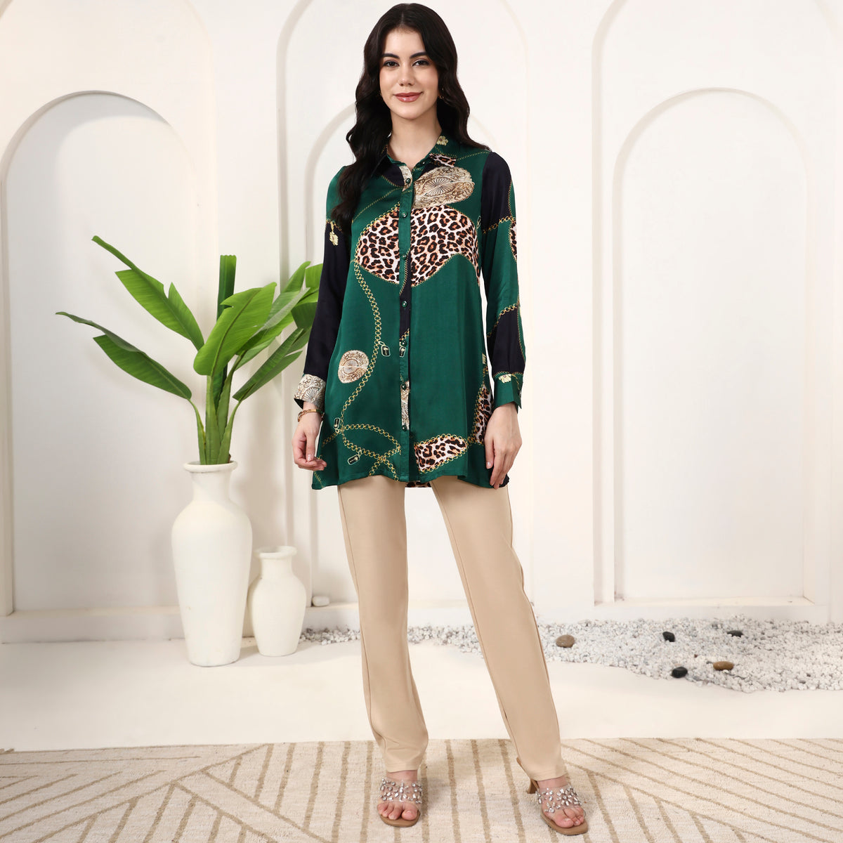 Green Jewel Print Shirt for Women – Bamberg Modal Satin – Close Up | First Resort by Ramola Bachchan