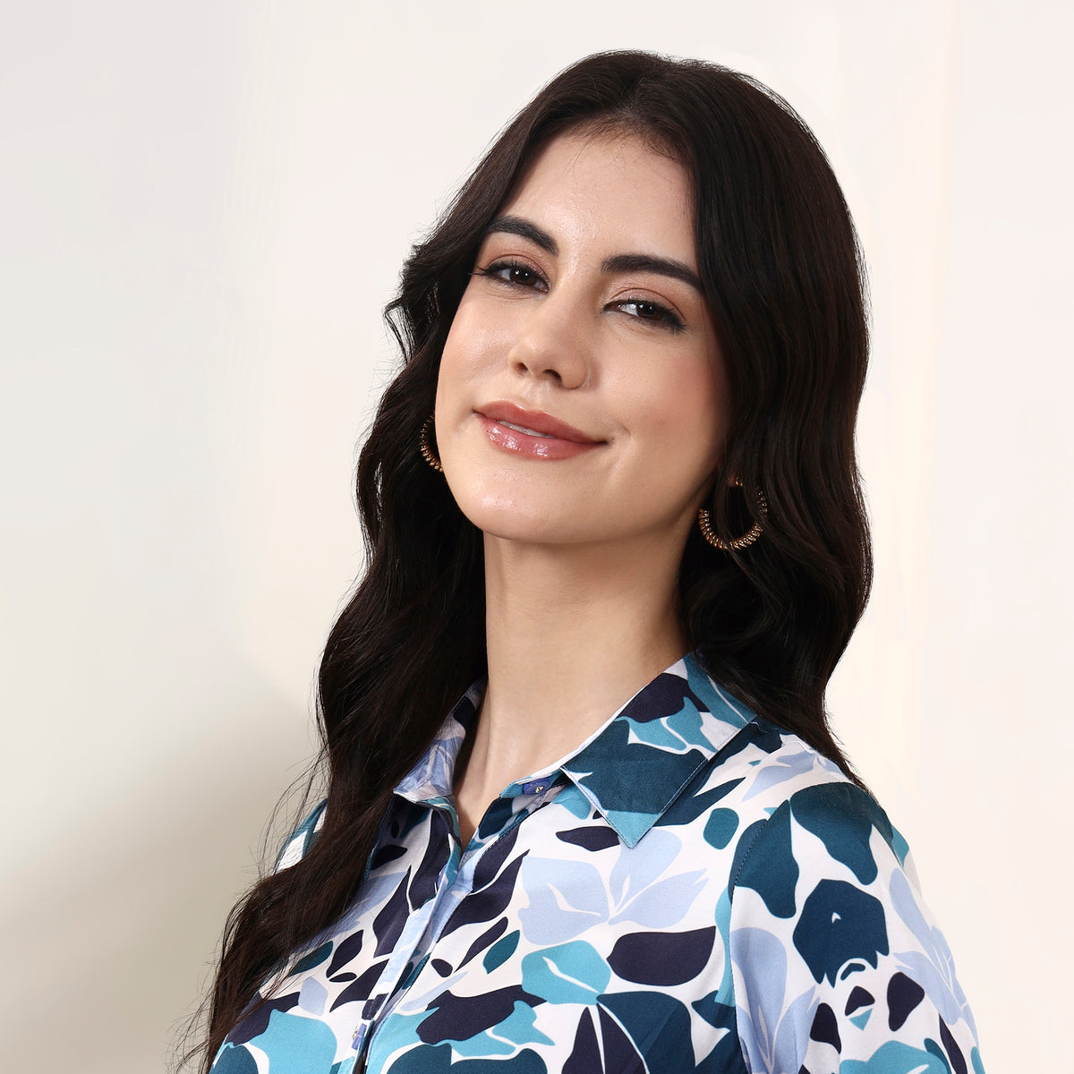 Blue Floral Print Shirt for Women – Bamberg Modal Satin – Close Up | First Resort by Ramola Bachchan