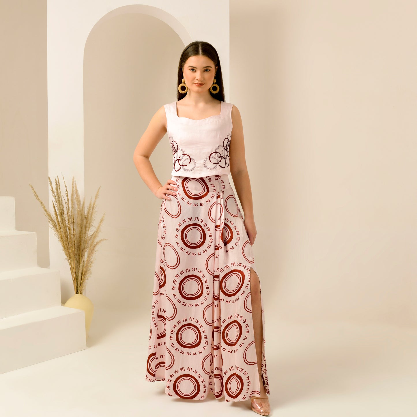 Pink and Red Maa Print Full Length Skirt with Front Slit