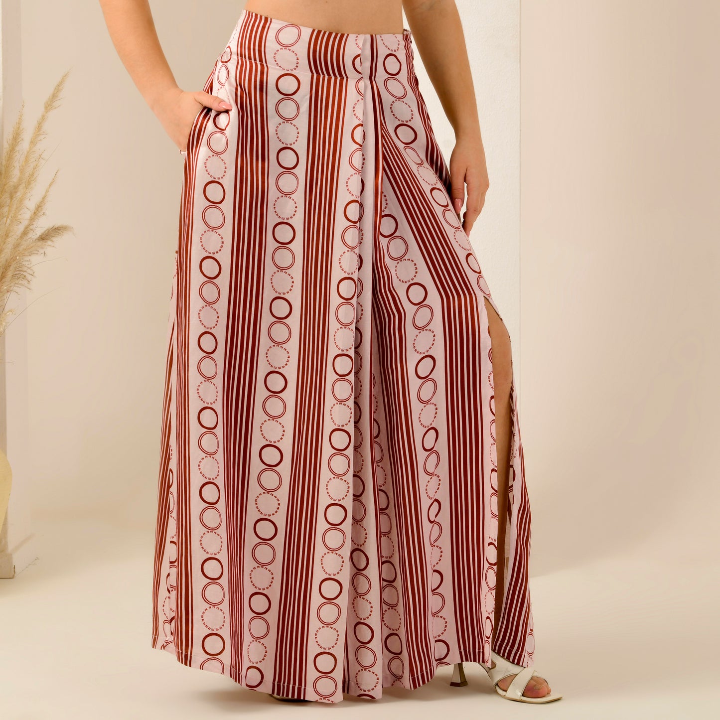 Pink and Red Powerful Stripe Print Full Length Skirt with Front Slit