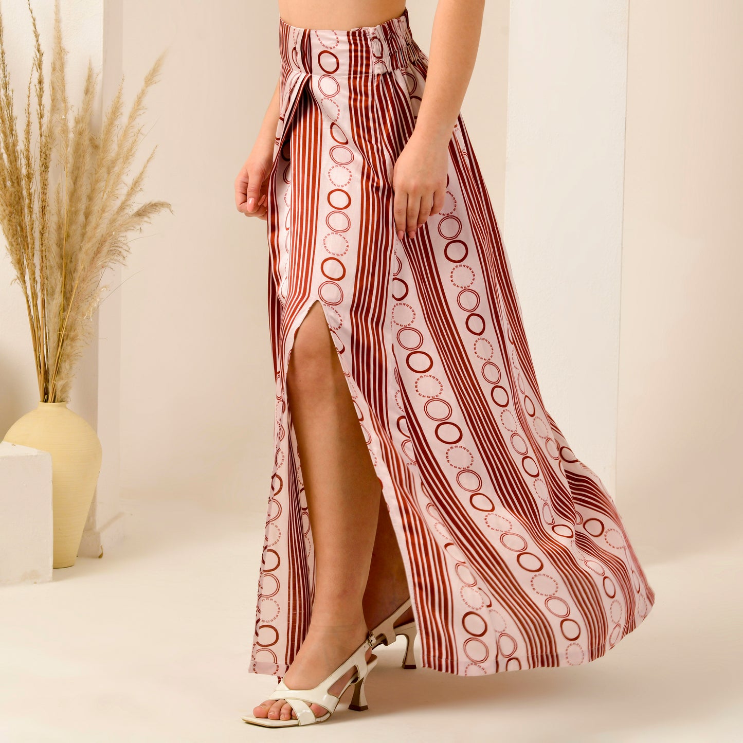 Pink and Red Powerful Stripe Print Full Length Skirt with Front Slit