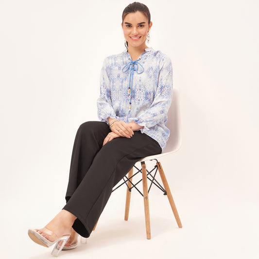 Light Blue Animal Print Lace-Up Top