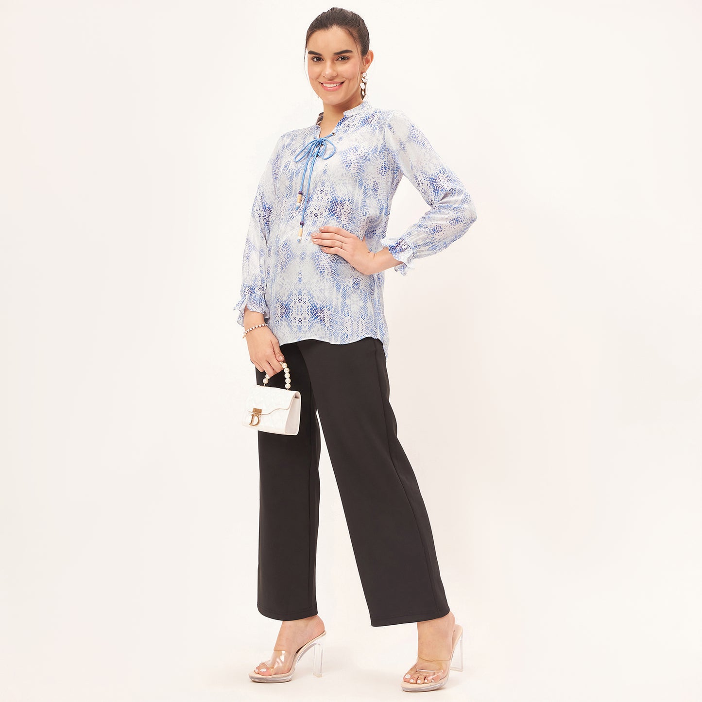 Light Blue Animal Print Lace-Up Top