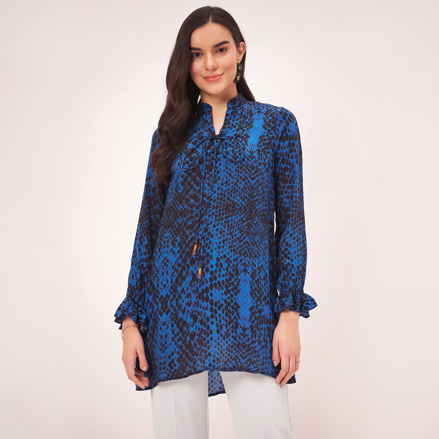 Dark Blue Animal Print Lace-Up Top