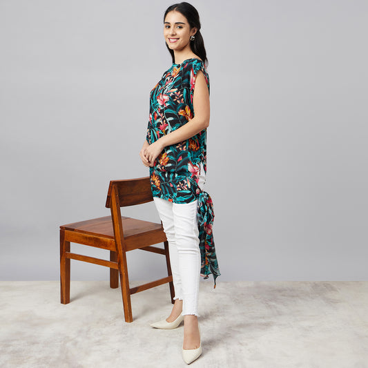 Black Tropical Print Top