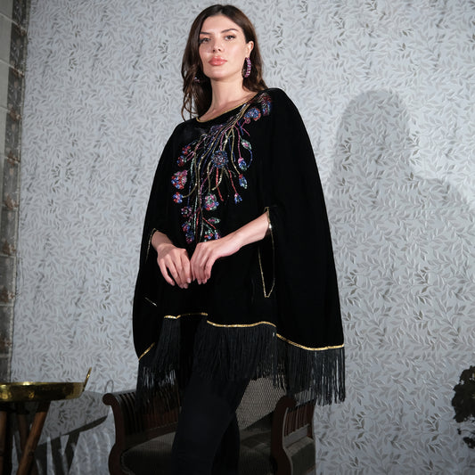 Black Floral Sequinned Velvet Poncho