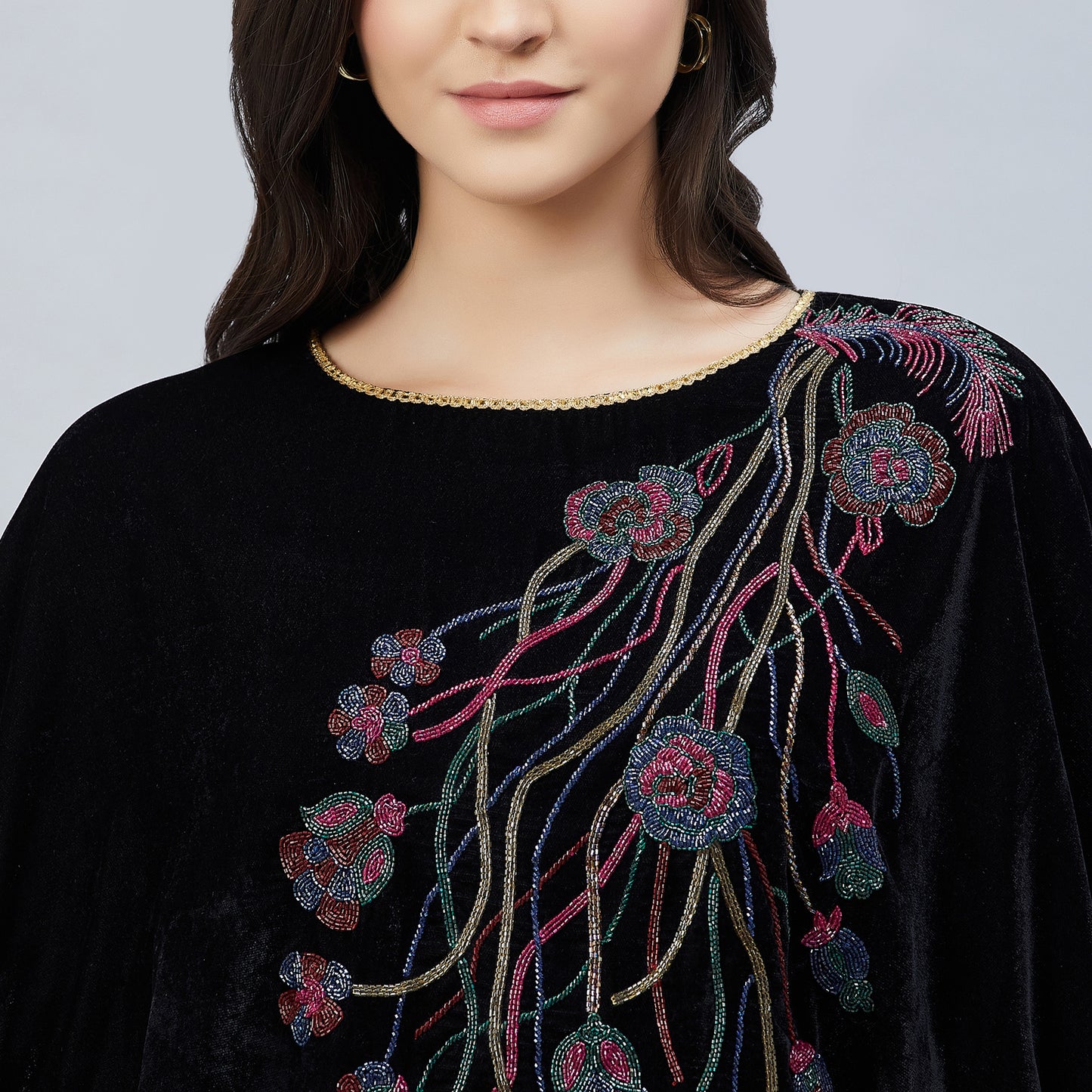 Black Floral Sequinned Velvet Poncho