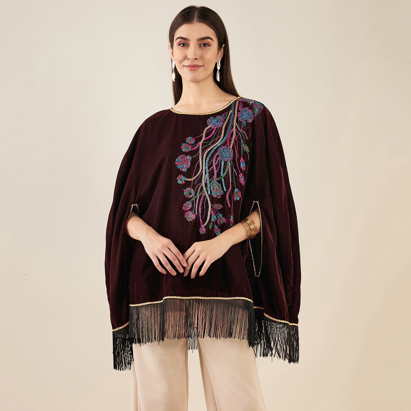 Brown Floral Sequinned Velvet Poncho