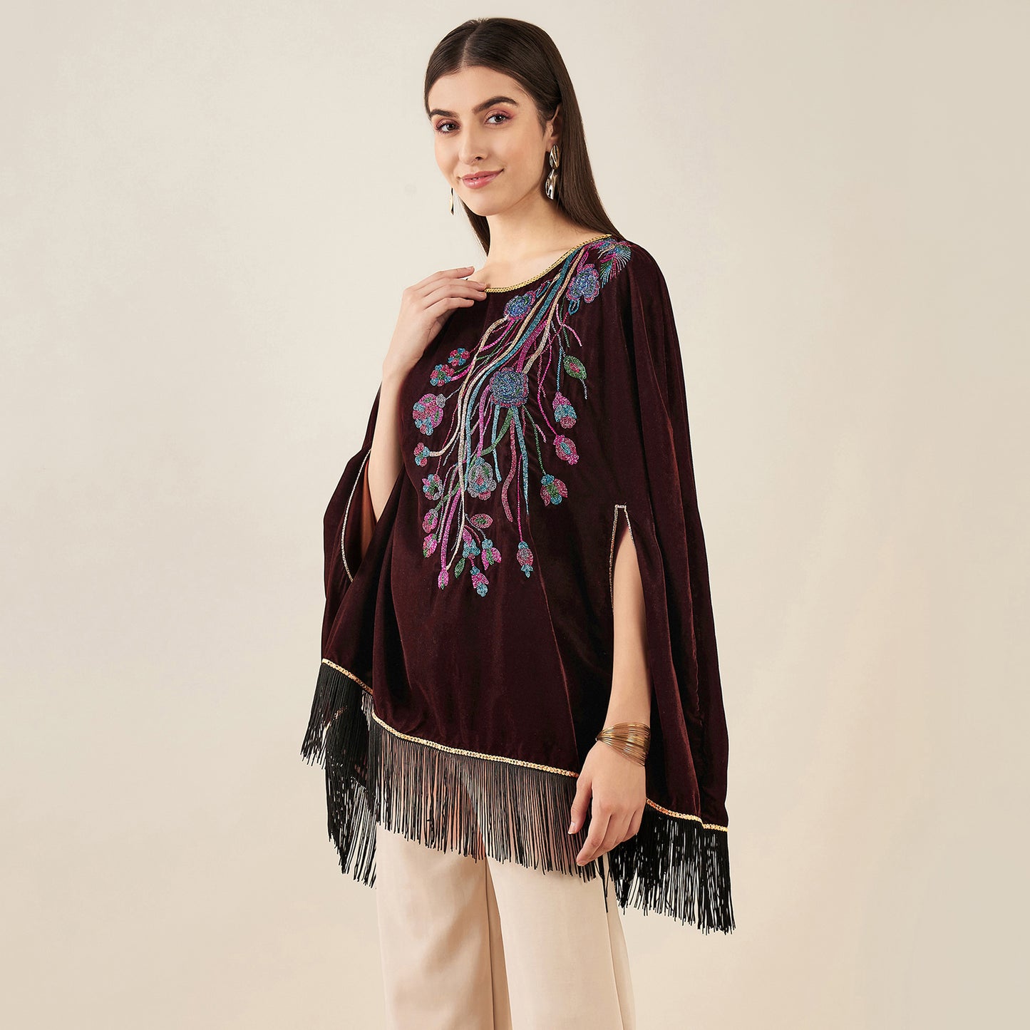 Brown Floral Sequinned Velvet Poncho