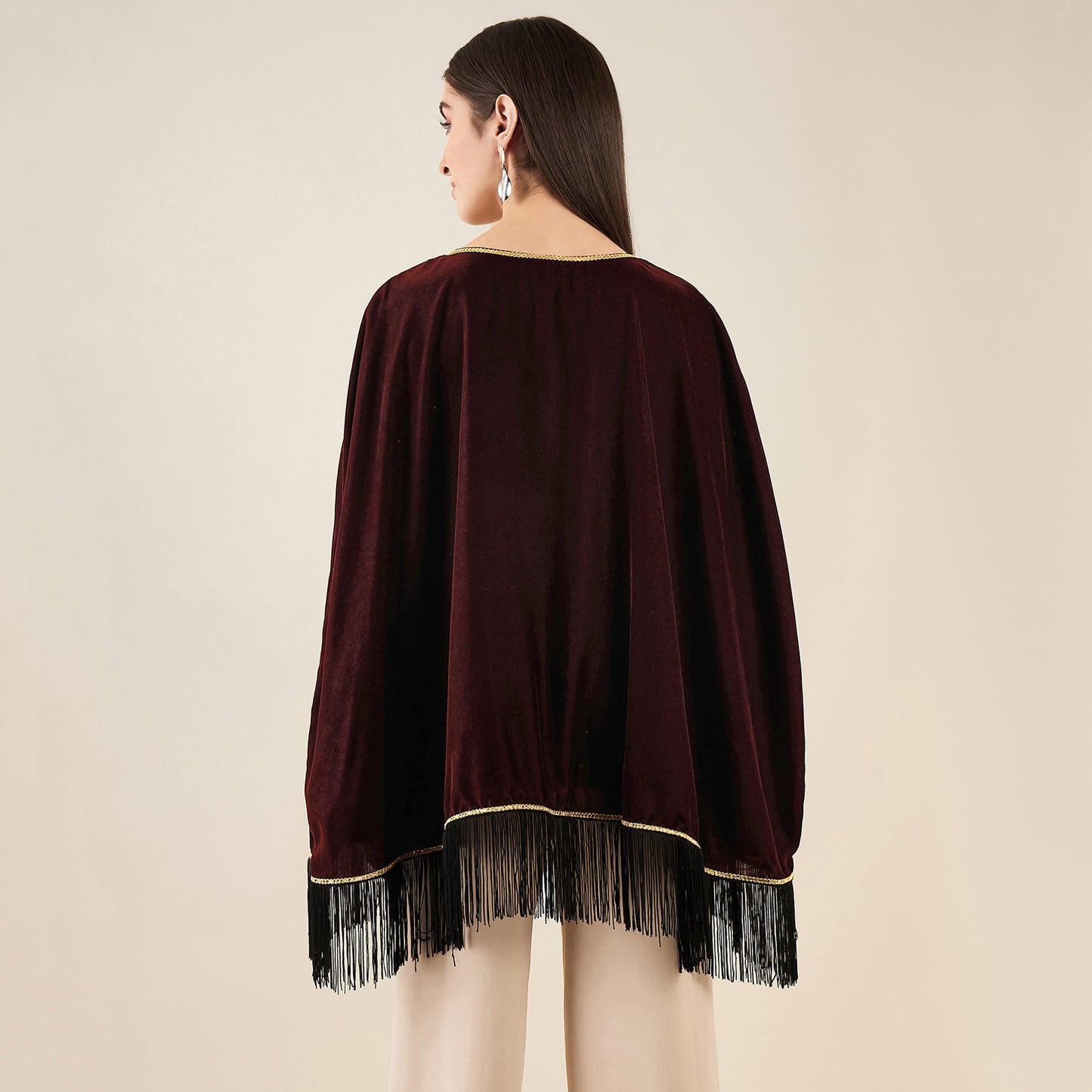 Brown Floral Sequinned Velvet Poncho