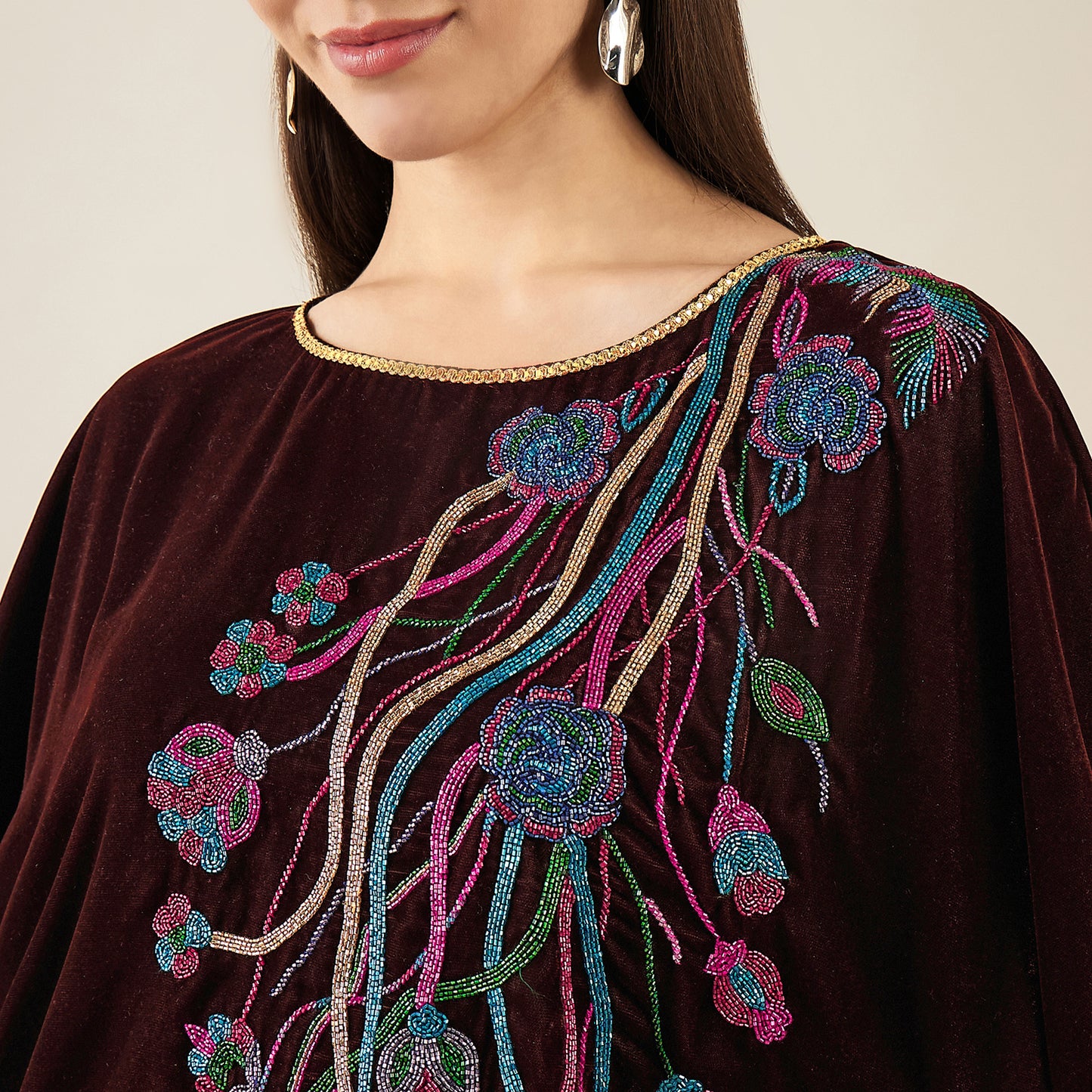 Brown Floral Sequinned Velvet Poncho