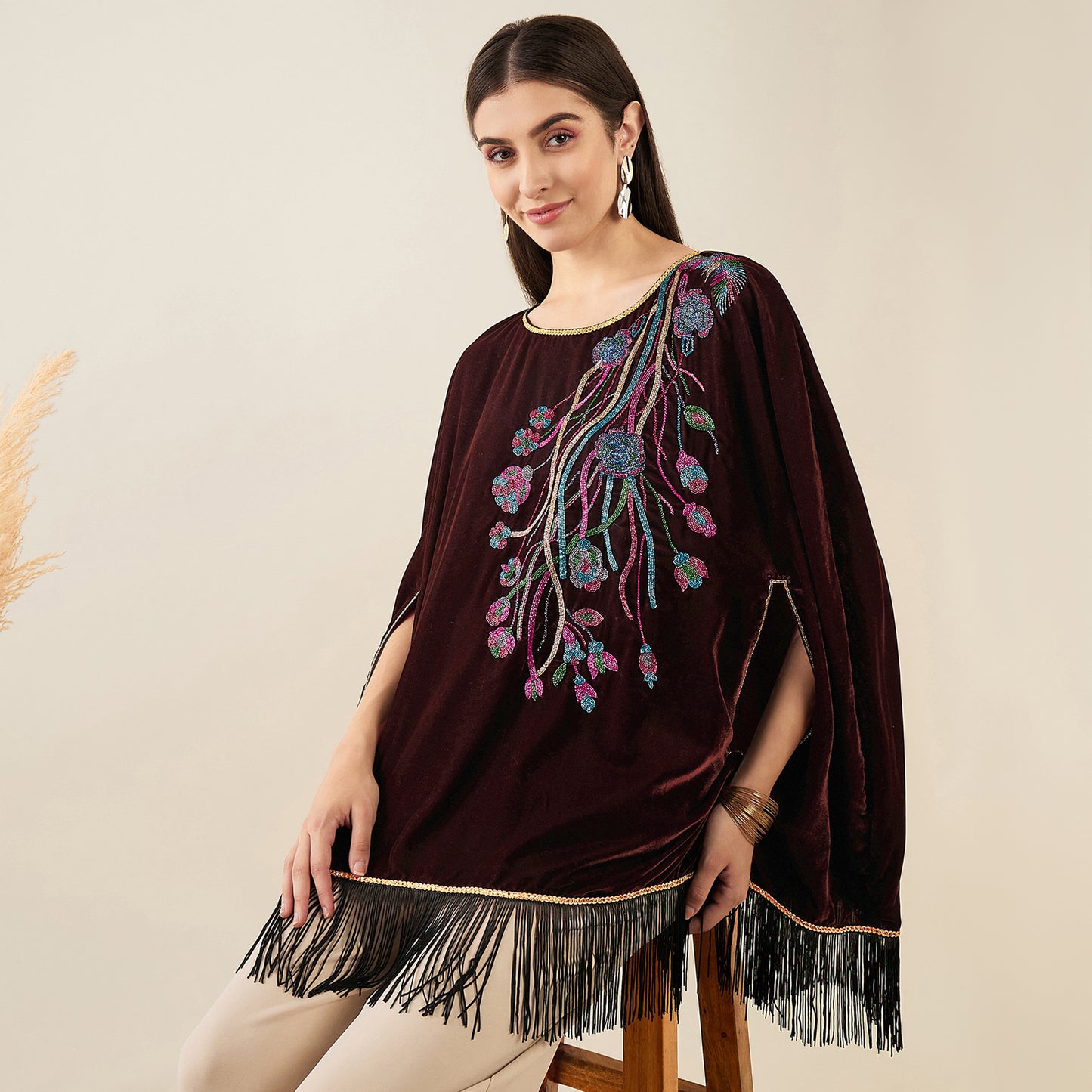 Brown Floral Sequinned Velvet Poncho