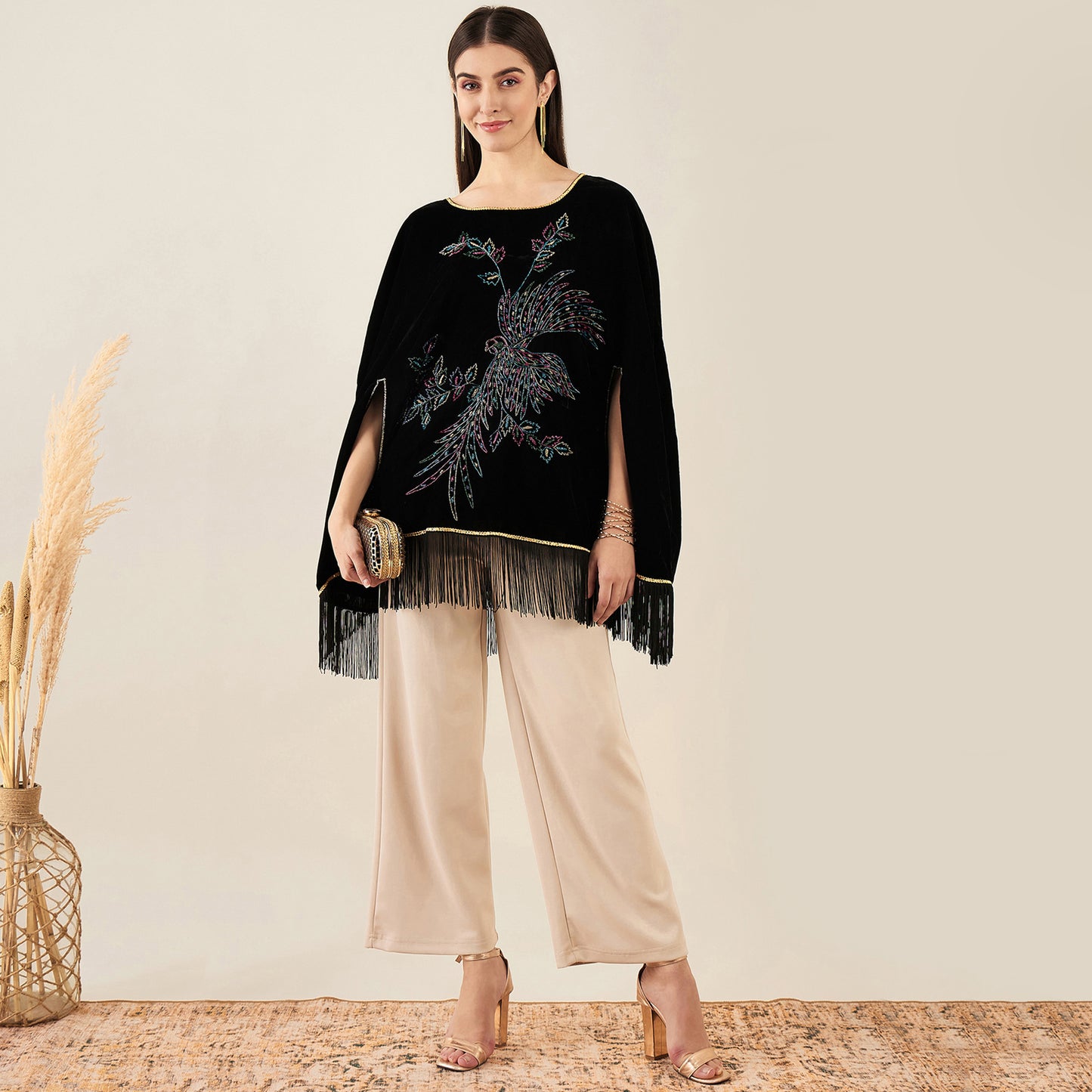 Black Embroidered Velvet Poncho