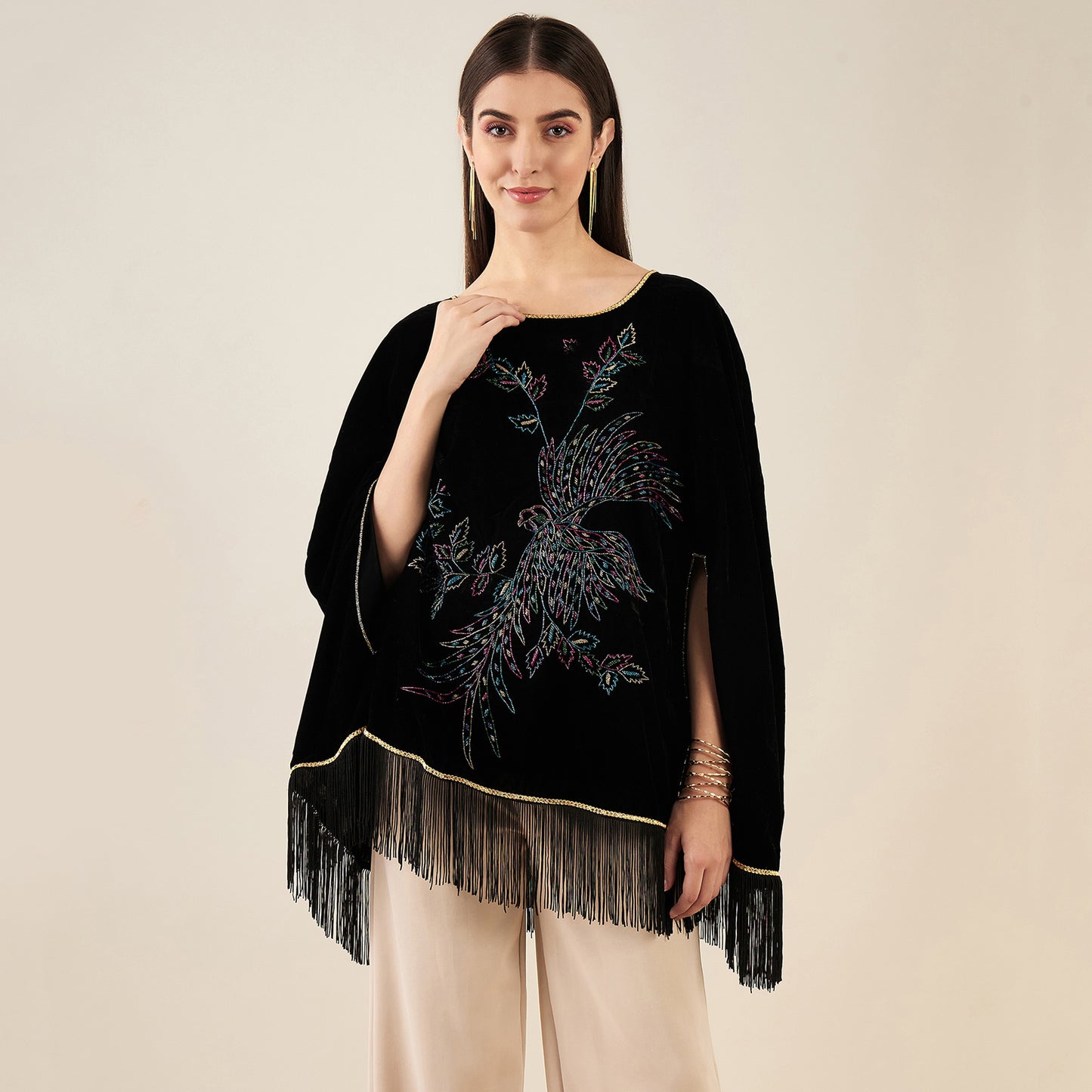 Black Embroidered Velvet Poncho