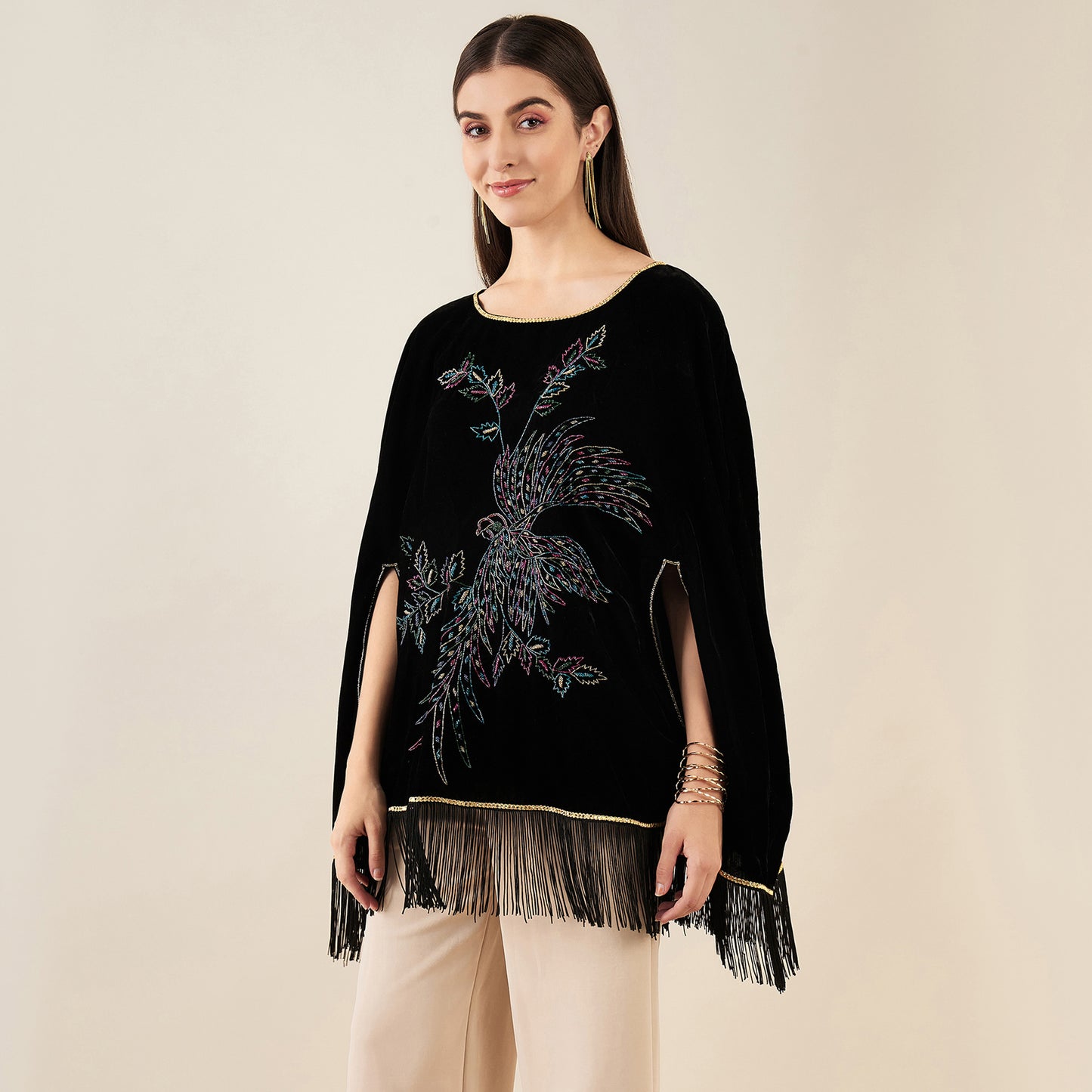 Black Embroidered Velvet Poncho