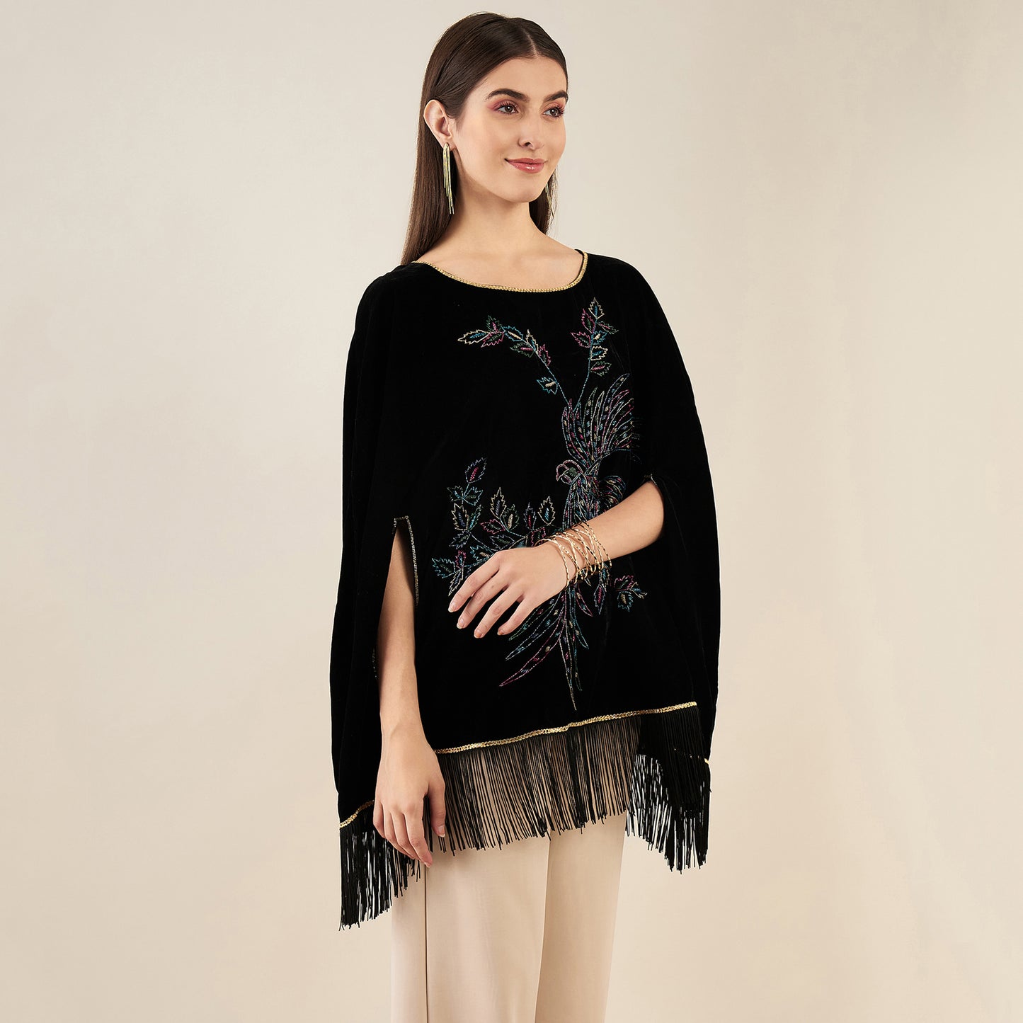 Black Embroidered Velvet Poncho