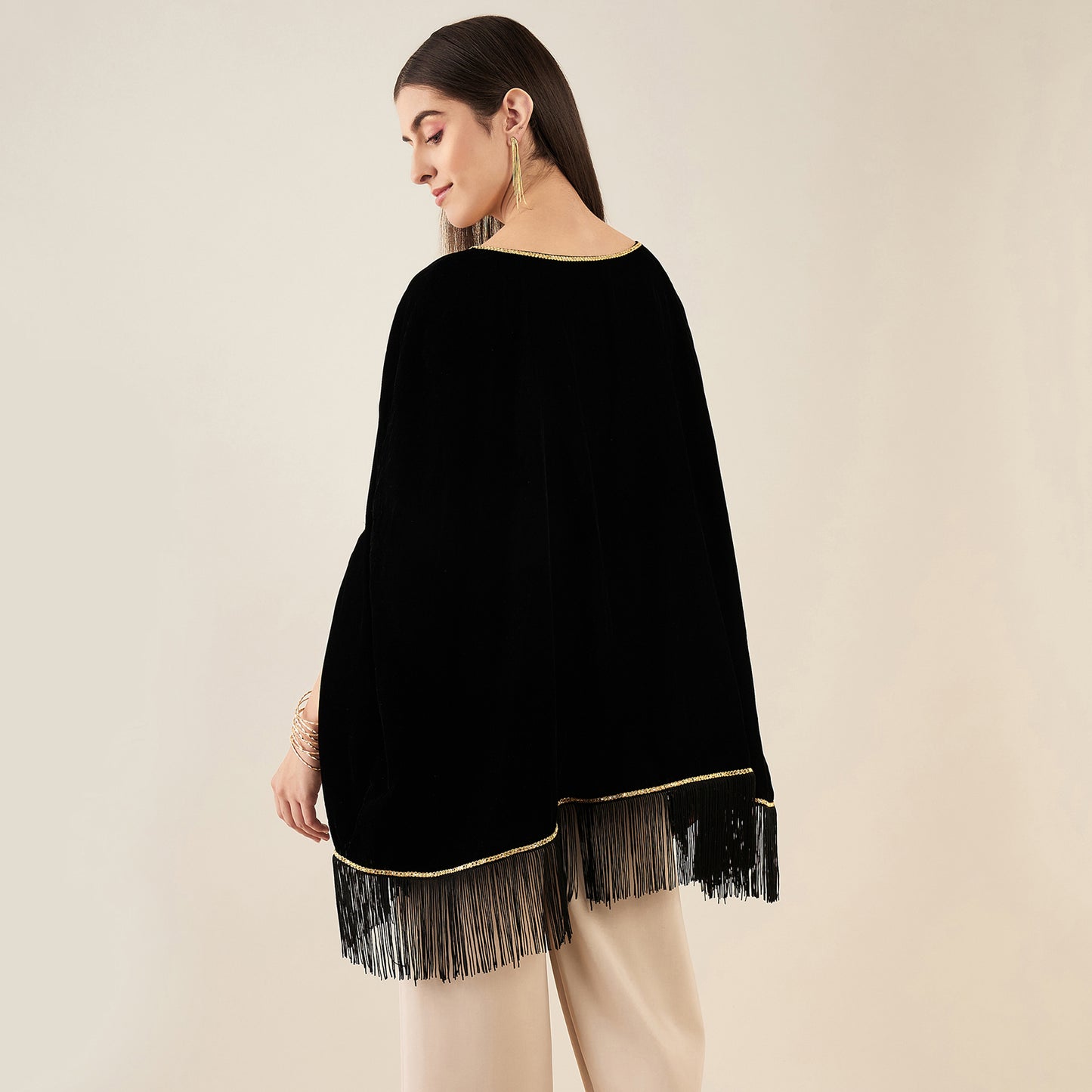 Black Embroidered Velvet Poncho