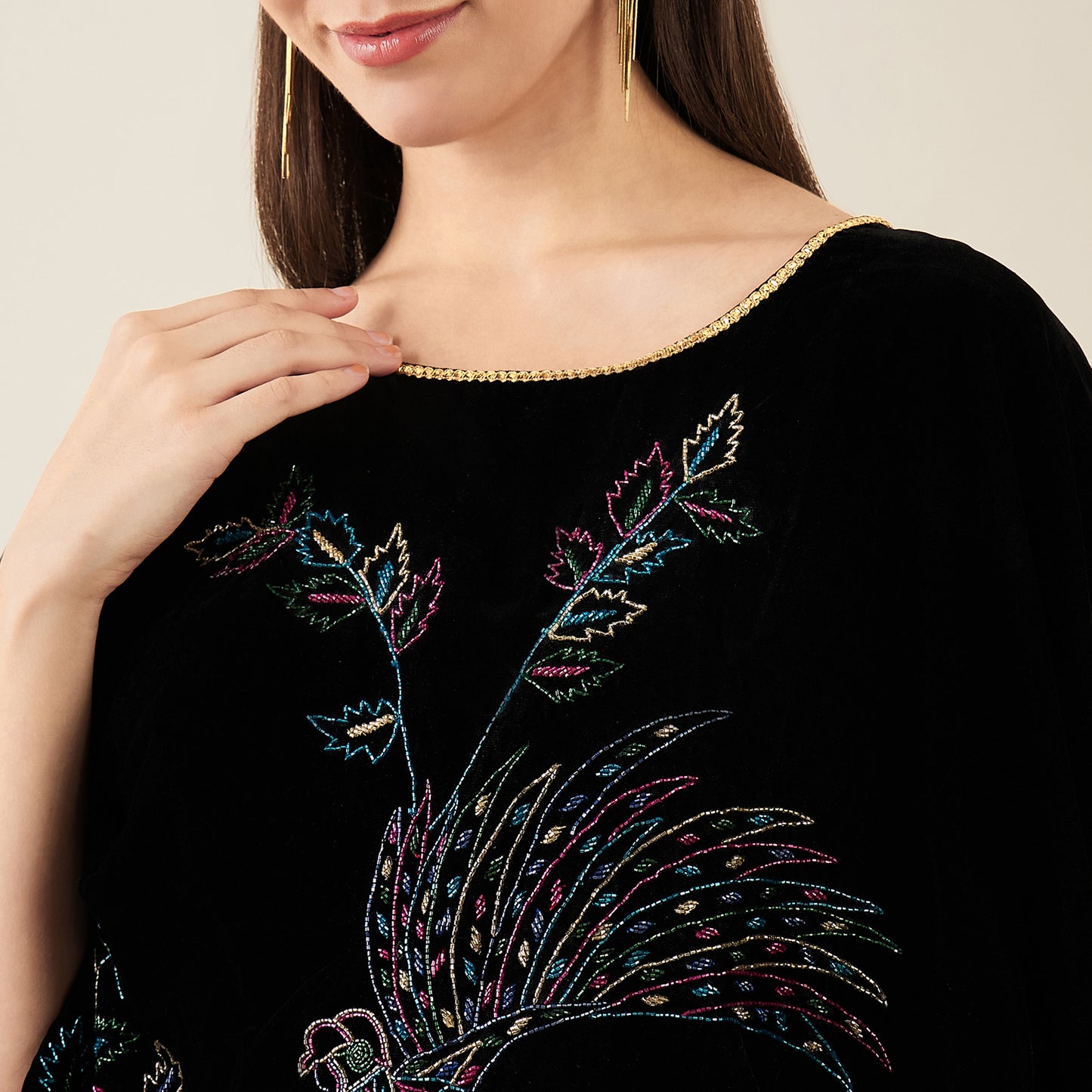 Black Embroidered Velvet Poncho